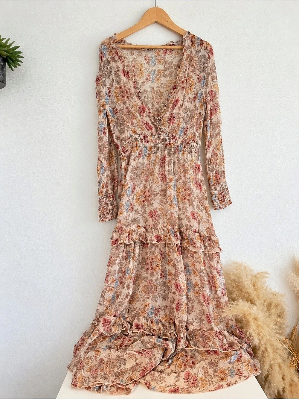 Sundance Cupro Floral Tiered Ruffle Maxi Dress Small Boho Prairie